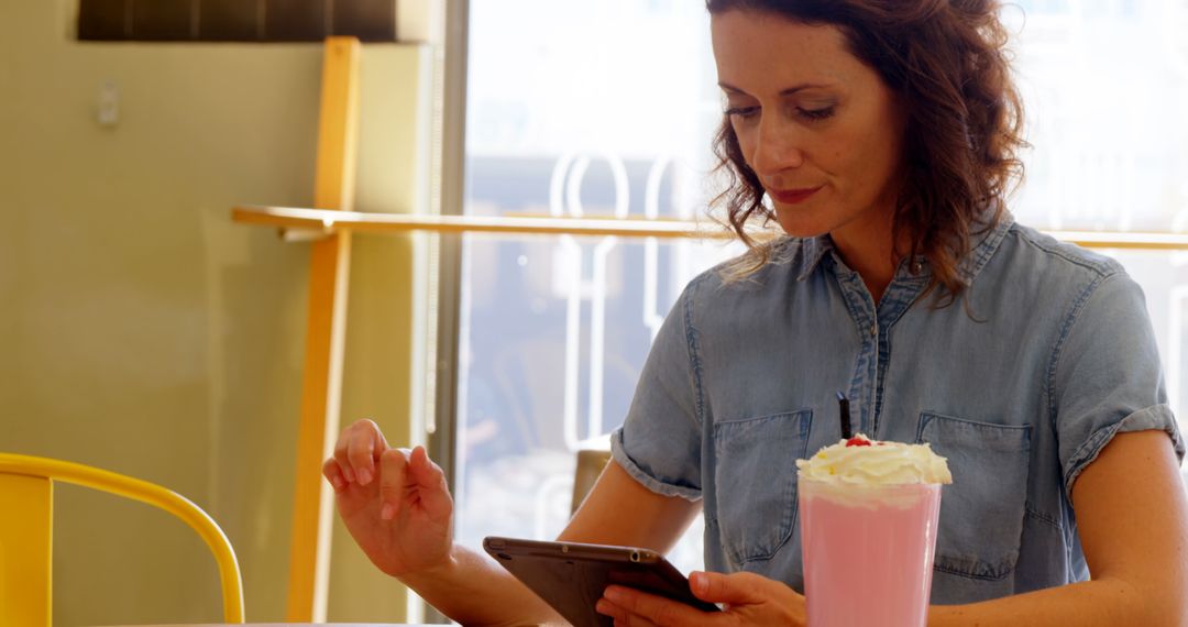 Woman Enjoying Milkshake and Using Tablet in Coffee Shop - Free Images, Stock Photos and Pictures on Pikwizard.com