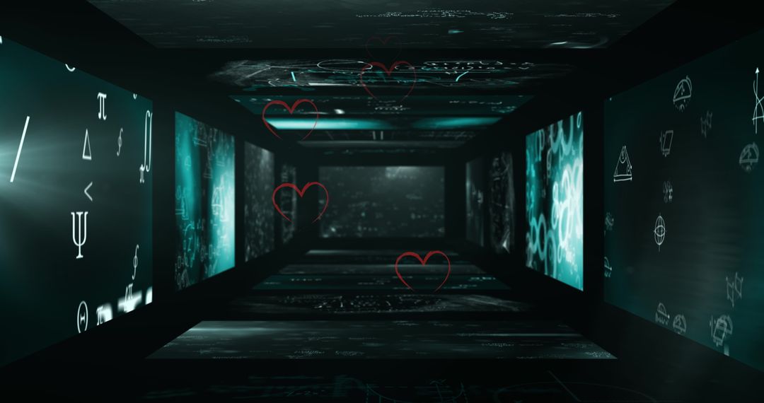 Floating Hearts with Interactive Data Screens in Futuristic Hal