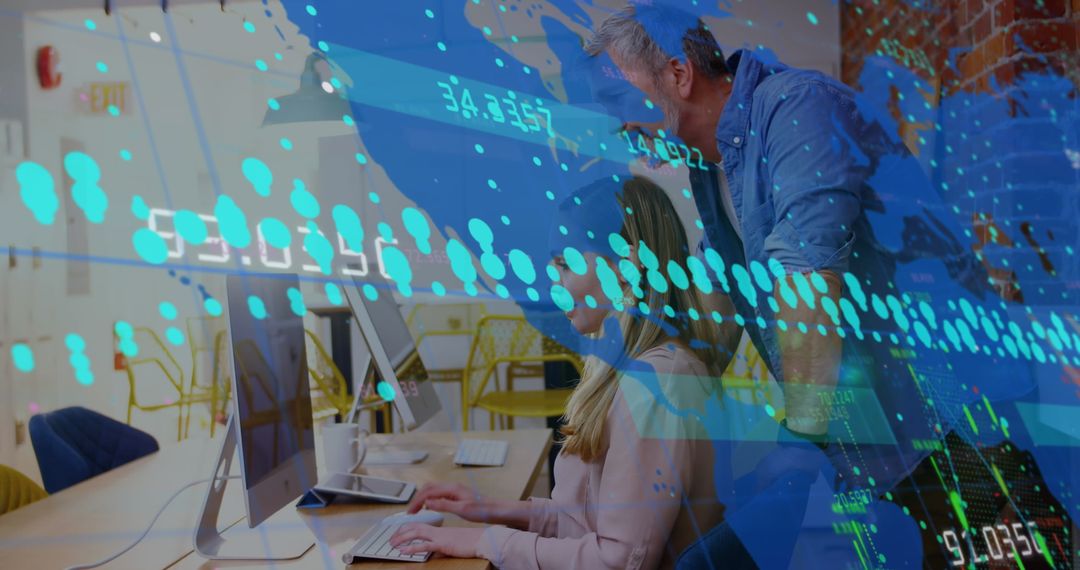 Coworkers Collaborating in Modern Office Overlaid with Data Graphics