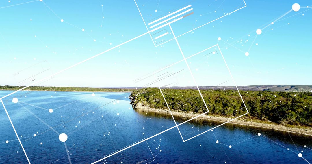 Aerial View of Peaceful Lake with Geometric Overlay Art