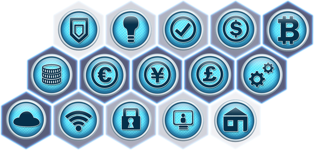 Transparent Vector Icons: Currency, Technology, Security, Communication