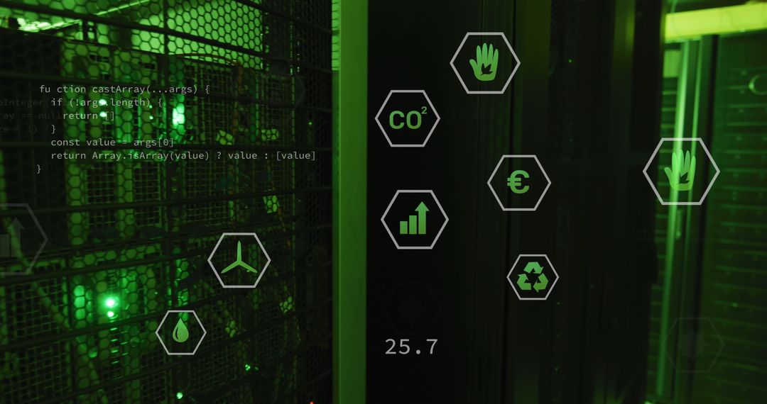 Digital interface icons in dark data room illustrating tech concepts