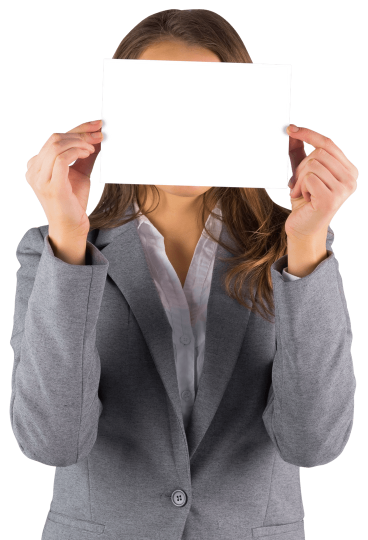 Businesswoman Holding Blank Transparent Card Front of Face