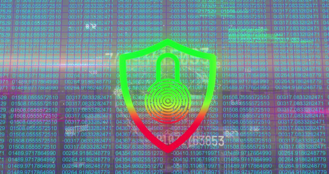 Neon Shield Padlock Overlaying Digital Data Dashboard