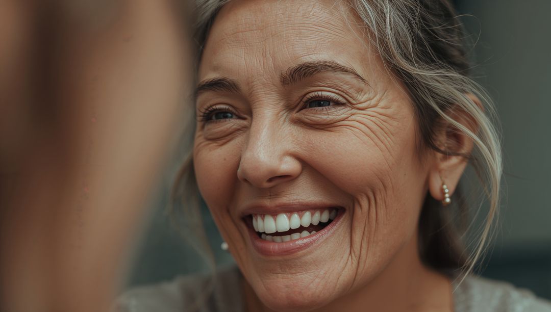 Beaming senior woman close-up showing natural smile, teeth, wrinkles and warm expression