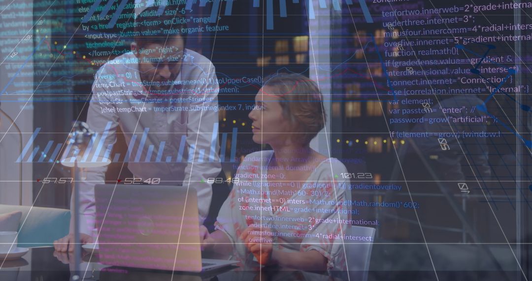 Colleagues Analyzing Data with Futuristic Digital Interface in Office