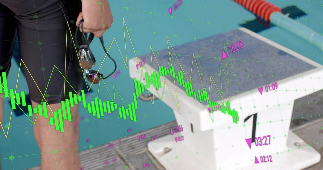 Competitive Swimmer Holding Goggles at Start Block with Performance Data Overlay for Swim Analytics