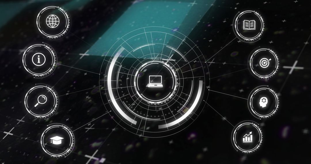 Digital Interface with Networked Technology Icons on Black Background