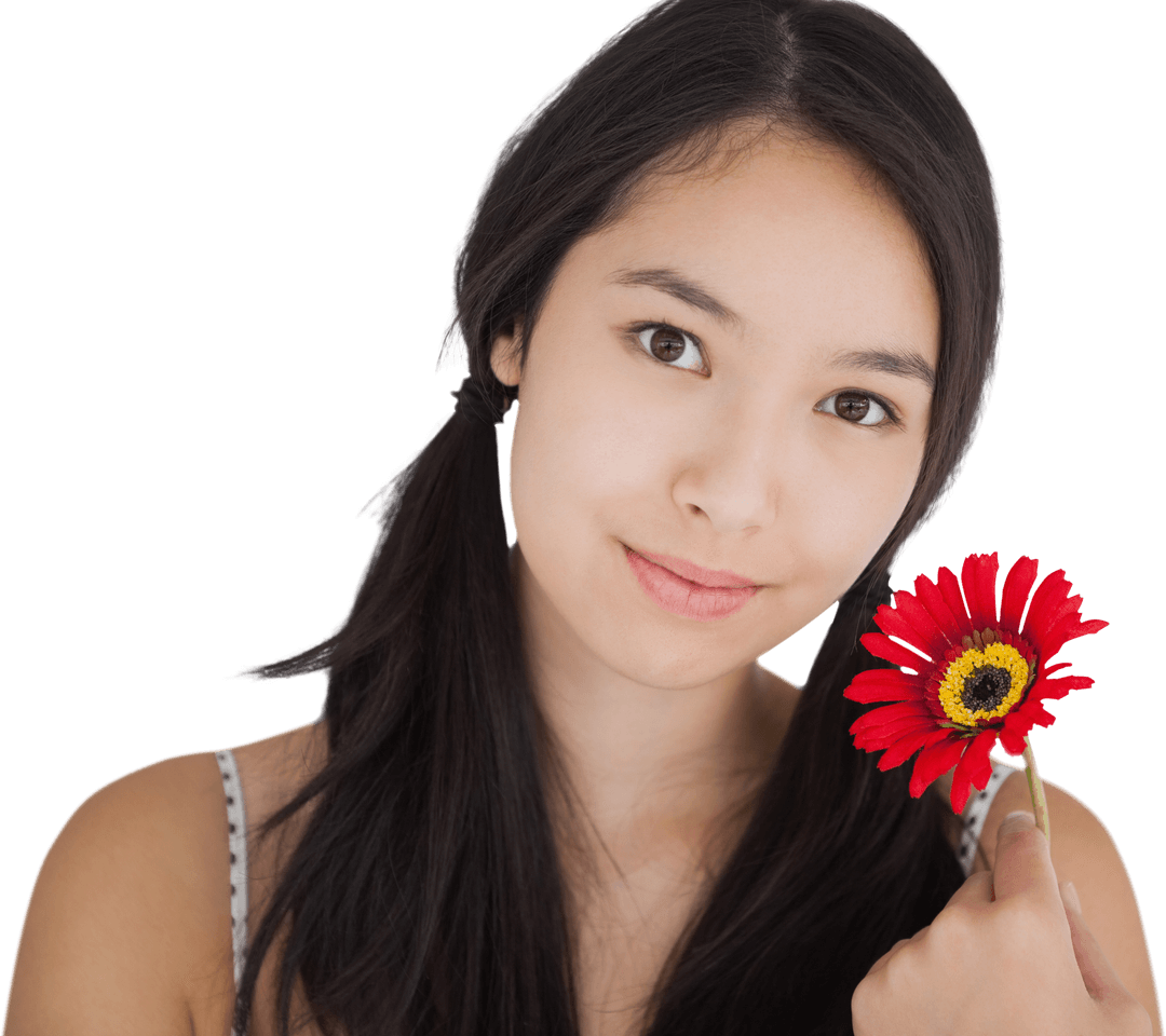 Smiling Woman Holding Red Flower with Transparent Background