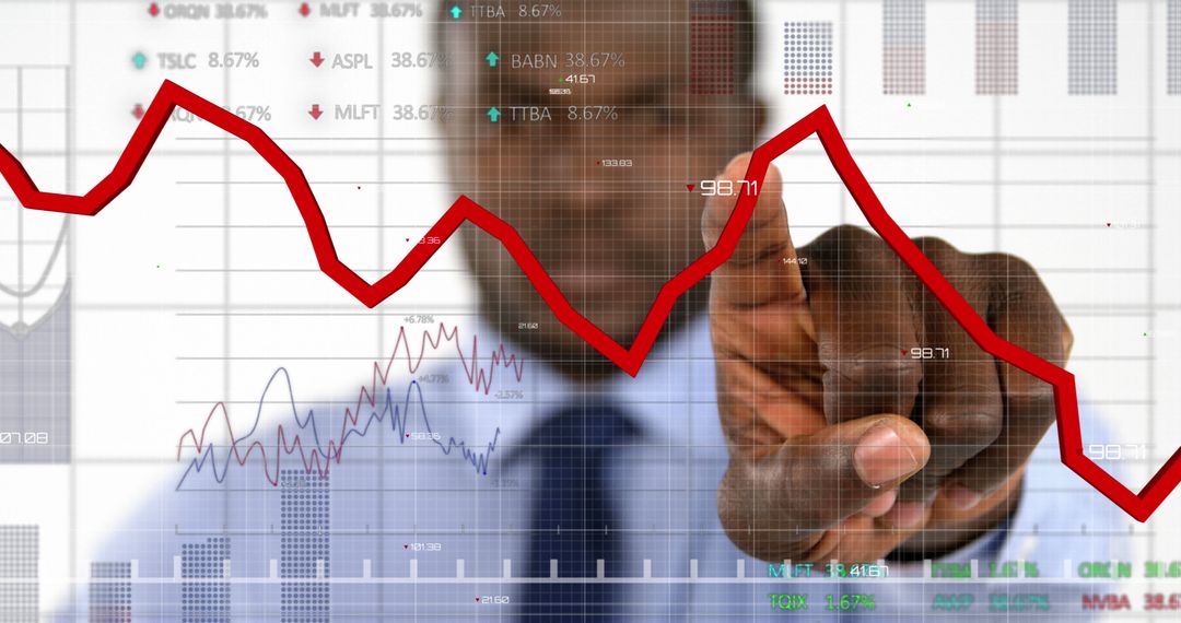 Image of statistical data processing over african american businessman touching invisible screen - Free Images, Stock Photos and Pictures on Pikwizard.com