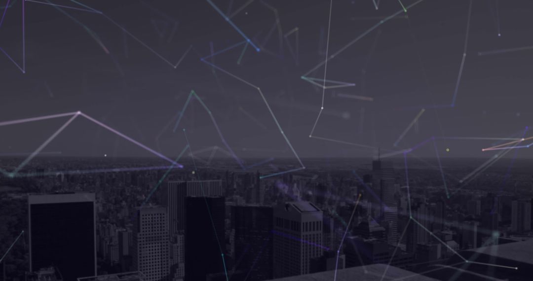 Cityscape with Digital Connectivity and Nodes at Dusk