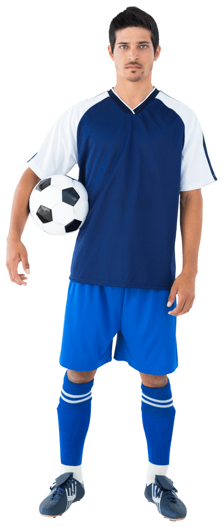 Hispanic Footballer Holding Ball with Determination Transparent Background