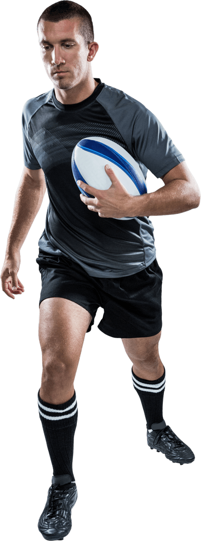 Athletic Male Rugby Player Running with Ball in Transparent Background