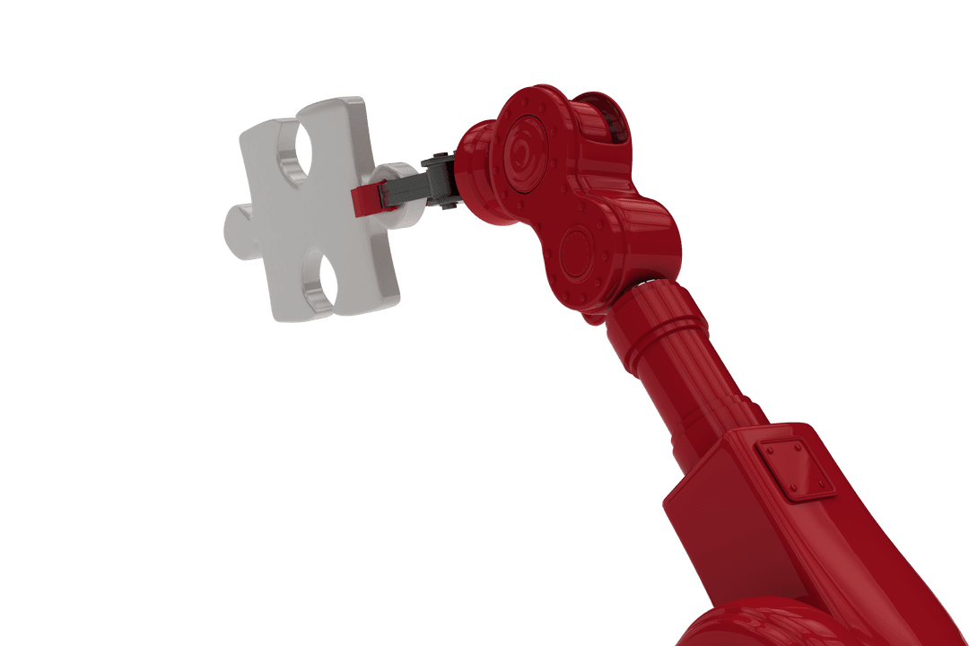 Transparent Red Robotic Arm Holding Jigsaw Piece Puzzle Component