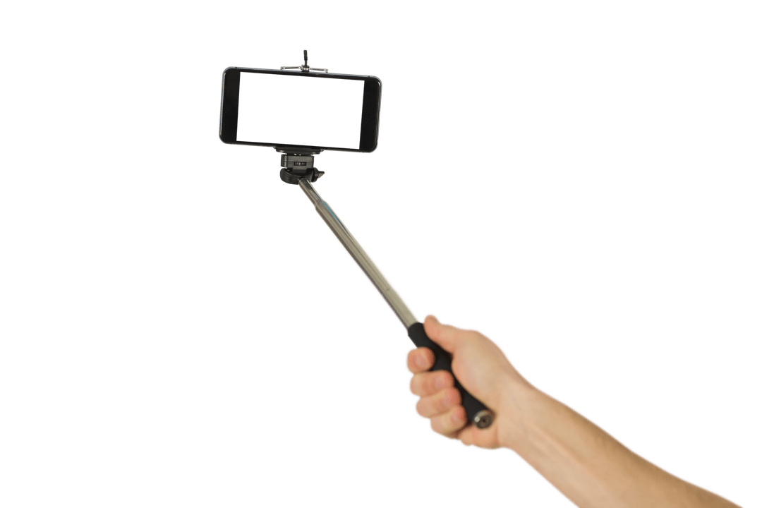Hand Holding Phone on Selfie Stick Transparent Background