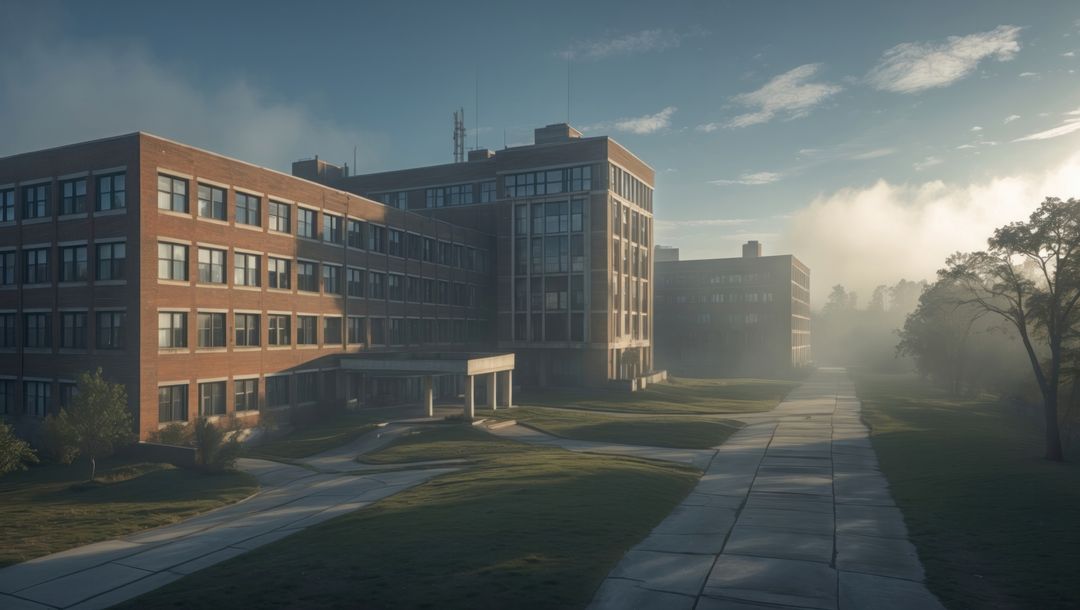 Serene Morning at Misty Red Brick Campus Building