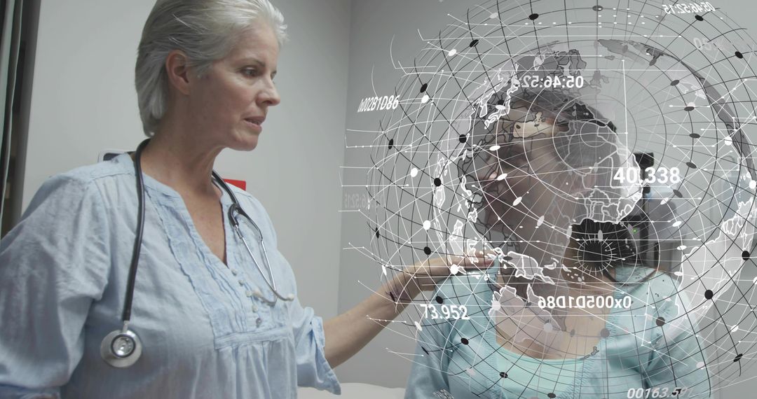 Clinician guiding patient with AR glasses and globe data overlay during medical consultation