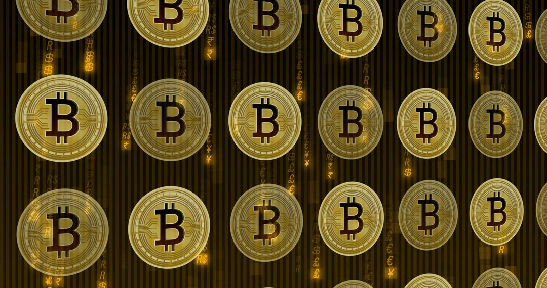 Floating Bitcoins on Digital Code Background