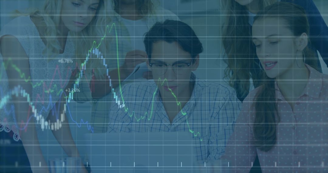Diverse Business Team Analyzing Financial Data with Overlaid Graphs