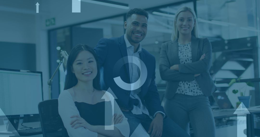 Diverse Business Team Collaborating in Modern Office with Data Overlay