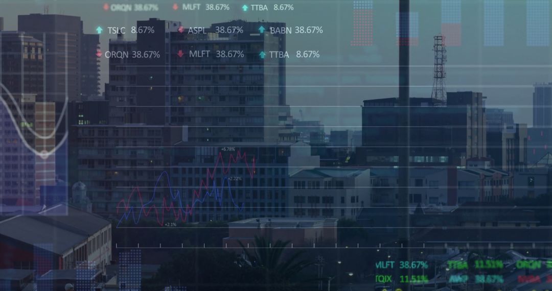 Cityscape Overlayed with Stock Market Data and Graphs