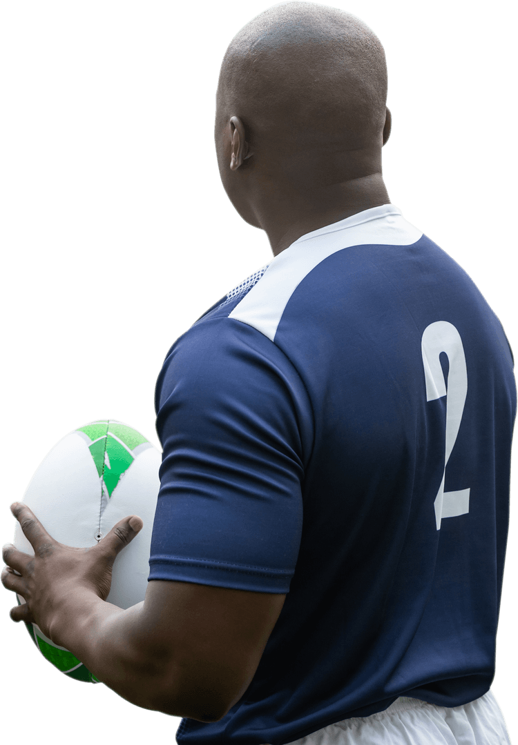 Back View African American Rugby Player Holding Ball on Transparent Background
