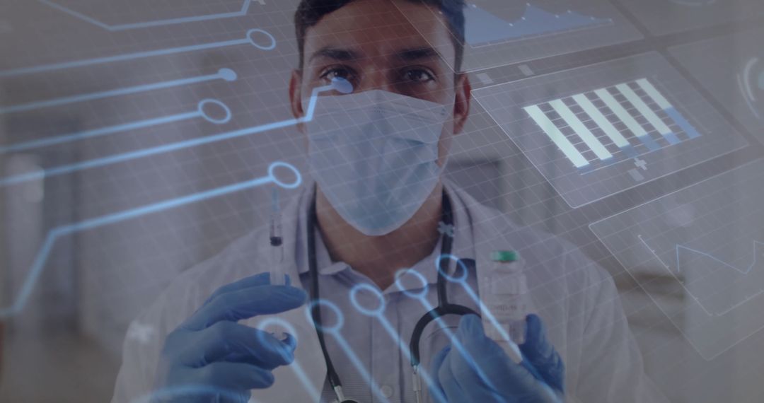 Innovative Doctor Analyzing Vial with Futuristic Data Interface