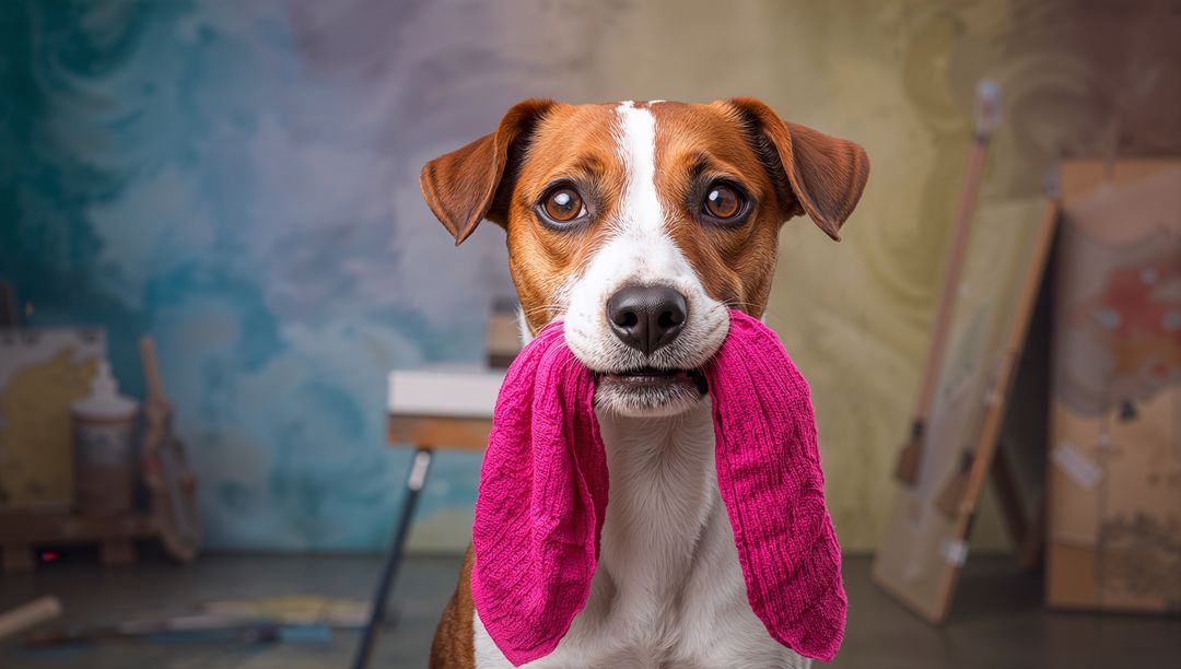 Playful Dog with Pink Sock in Artistic Studio Environment