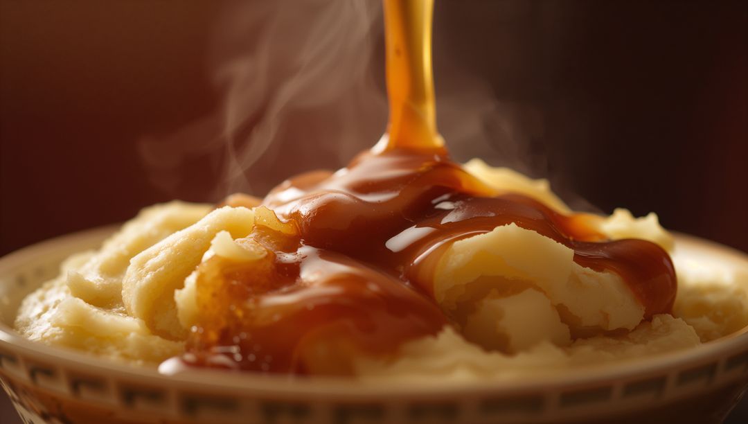 Steaming Mashed Potatoes with Rich Gravy in Rustic Kitchen