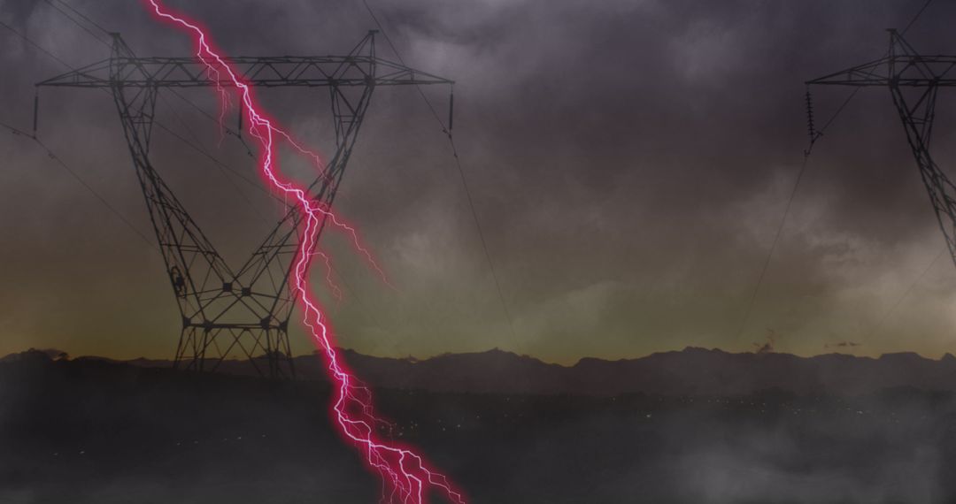 Dramatic Storm with Pink Lightning and Electric Pylons