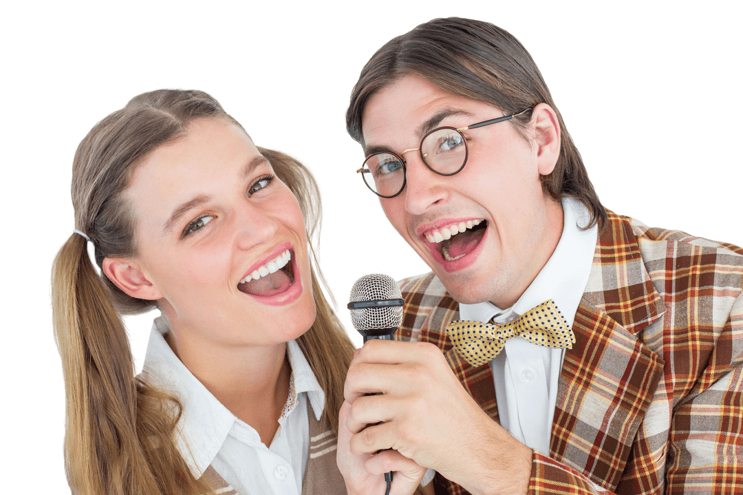 Cheerful Geeky Hipsters Singing with Microphone on Transparent Background