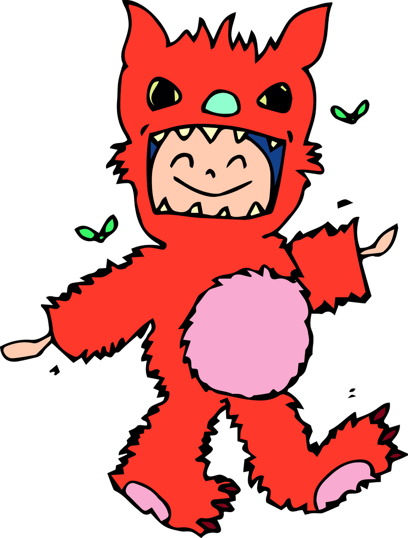 Child in Bright Red Wolf Costume with Happy Expression on Transparent Background