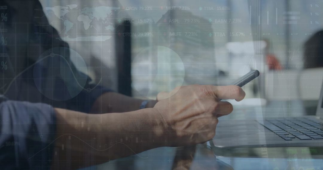 Businessman Analyzing Financial Data on Smartphone with Graphic Overlay