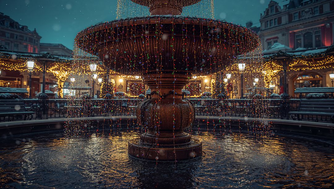Festive Fountain with Cascading Water and Winter Illumination
