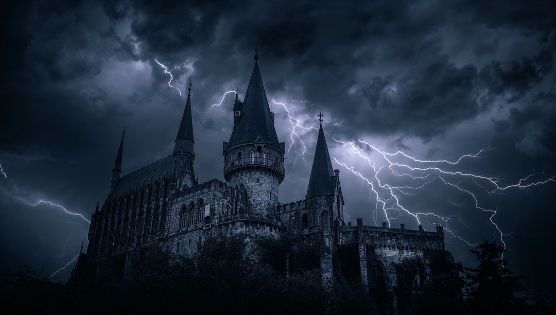 Ancient Castle Illuminated by Striking Lightning in Night Storm