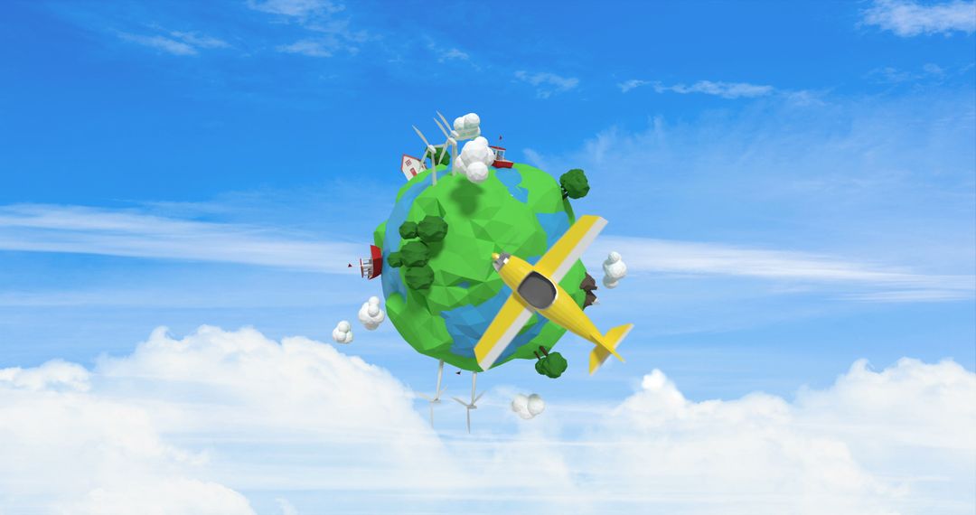 Airplane Circles Artistic Globe with Nature Elements