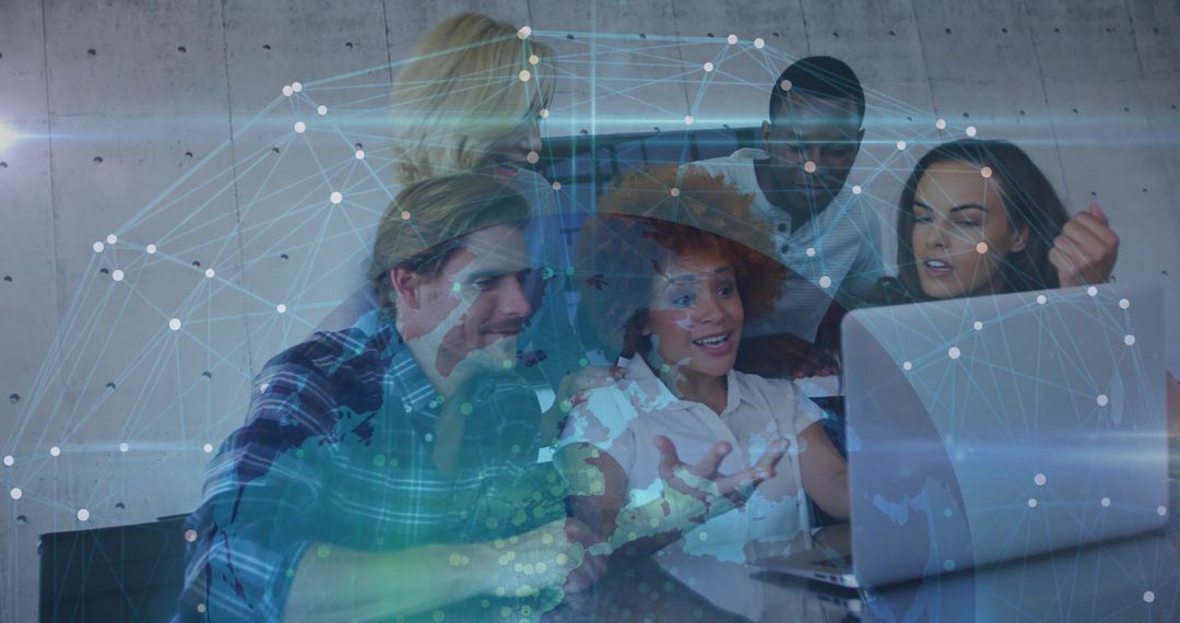 Team Collaborating Over Laptop Reviewing Global Data With Digital Network Globe Overlay