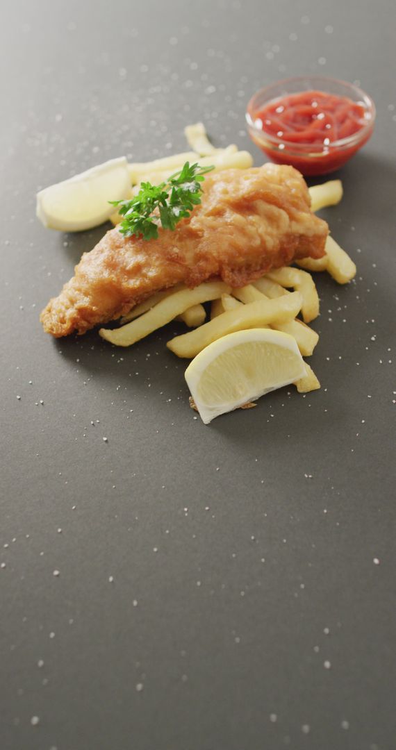 Crispy Fish and Chips with Tartar Sauce on Modern Background