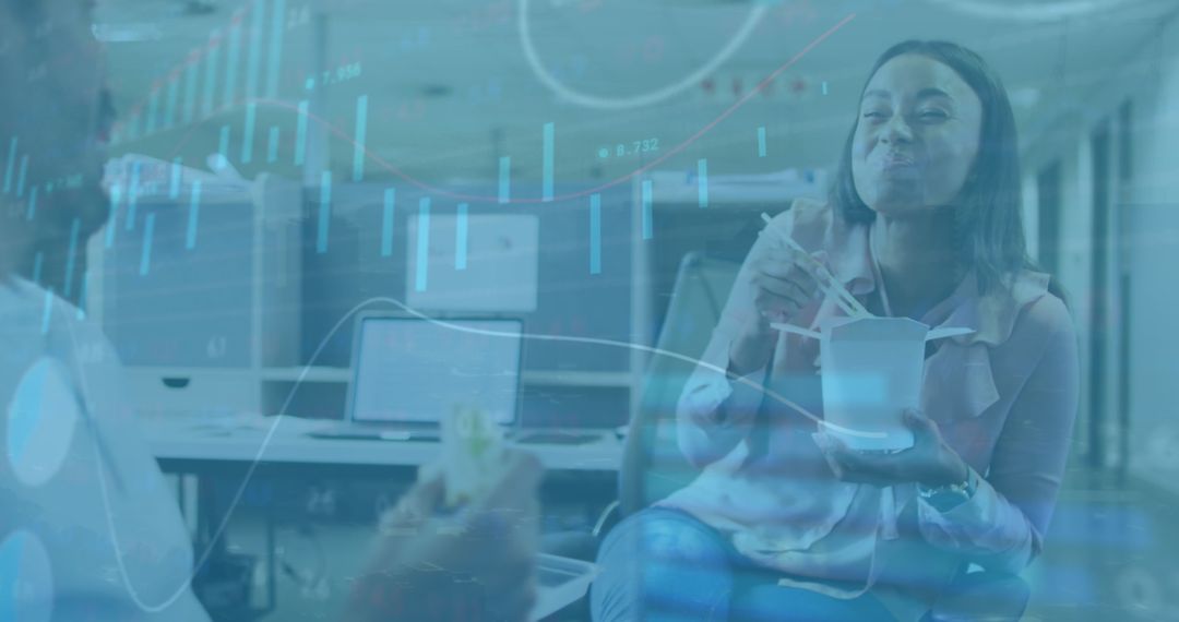 Team Discussion with Financial Charts Overlay