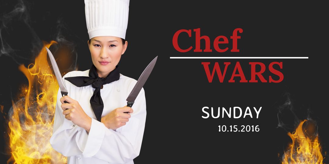 Intense Chef Holding Knives Against Flaming Backdrop