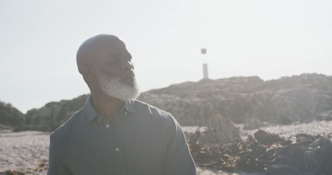 Pensive Mature Man with a Beard Standing on Rocky Beach - Free Images, Stock Photos and Pictures on Pikwizard.com