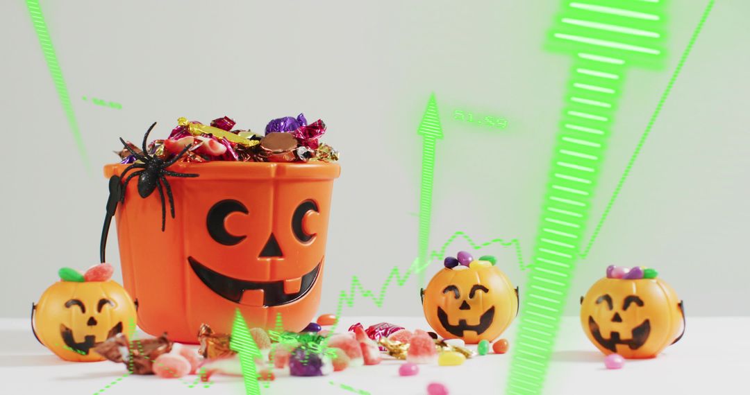 Overflowing Halloween Candy Bucket and Jack-o'-Lanterns with Neon Green Data Graph Overlay