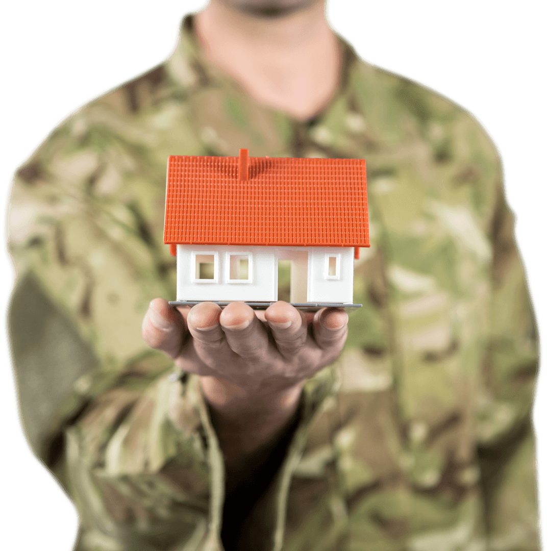 Transparent Soldier Holding Model House in Outstretched Hand