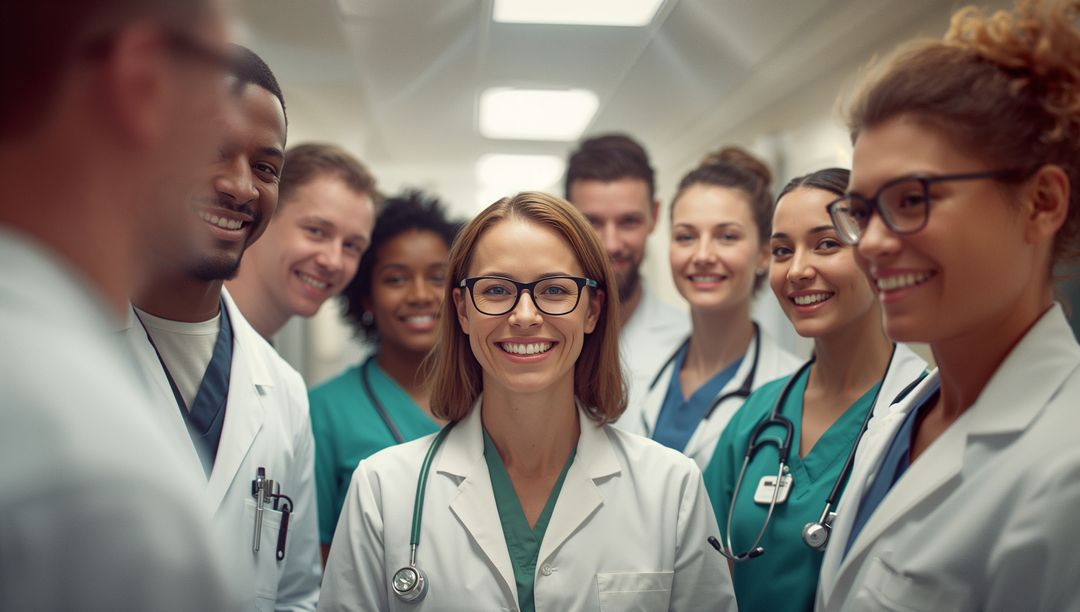 Diverse Medical Team Confidently Collaborating in Hospital Hallway
