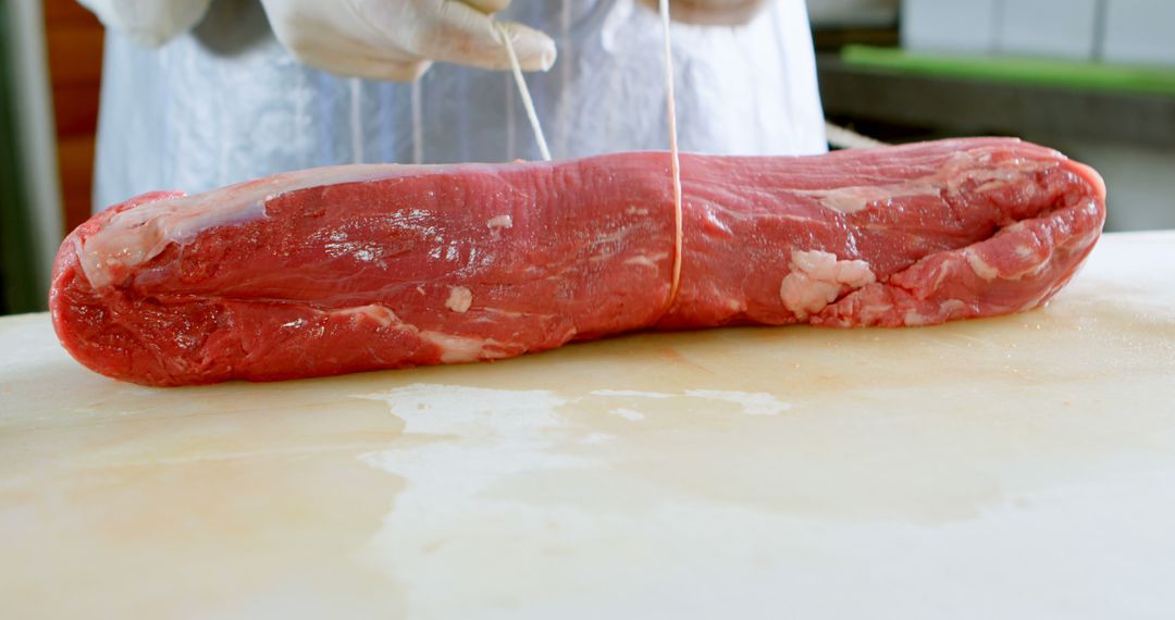 Butcher Preparing Beef Tenderloin with Twine on Cutting Board - Free Images, Stock Photos and Pictures on Pikwizard.com