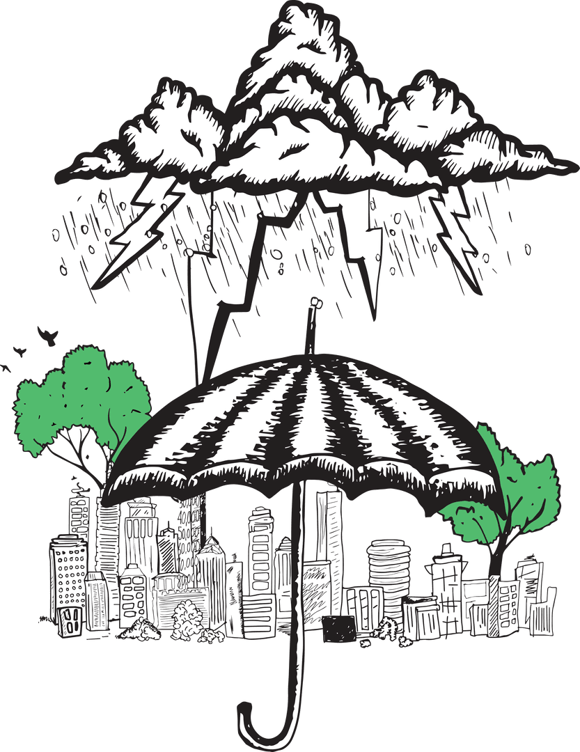 Umbrella Sheltering City from Storm, Transparent Sketch Style