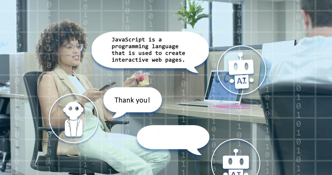 Professional Discussing JavaScript with AI Assistant in Modern Office