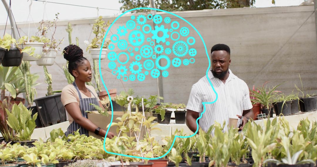 Nursery Team Discussing Tasks in Greenhouse with Turquoise Brain Gears for Teamwork