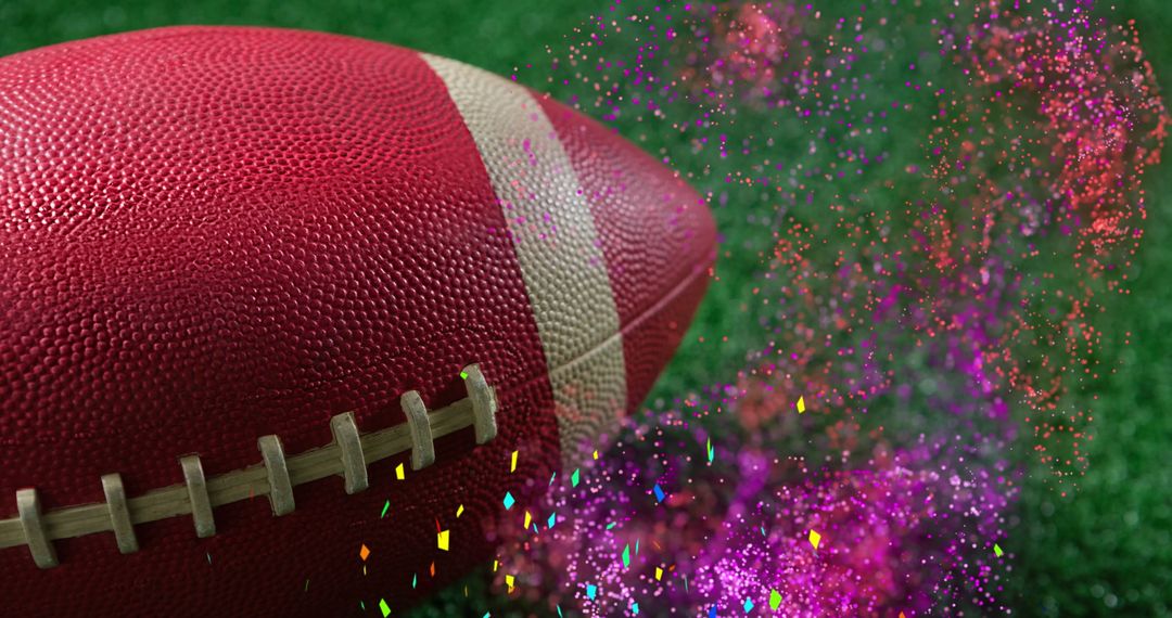 Rugby Ball with Colorful Confetti Celebration on Field