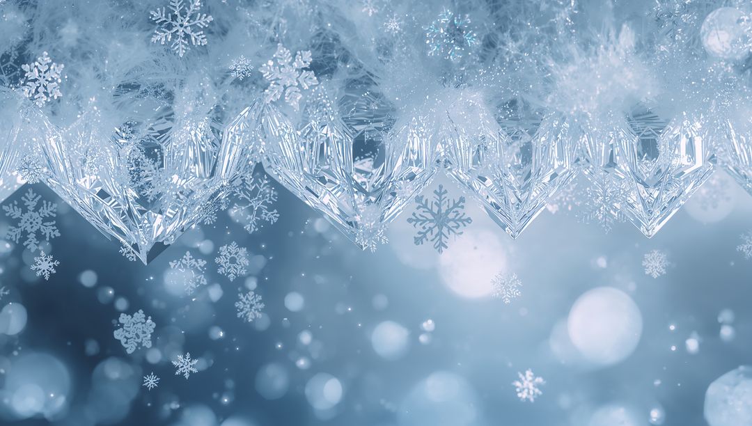 Shimmering Ice Crystal Ridge with Falling Snowflakes and Blue Bokeh Winter Background